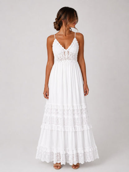 Robe Longue Bohème en Crochet et Dentelle à Bretelles Fines