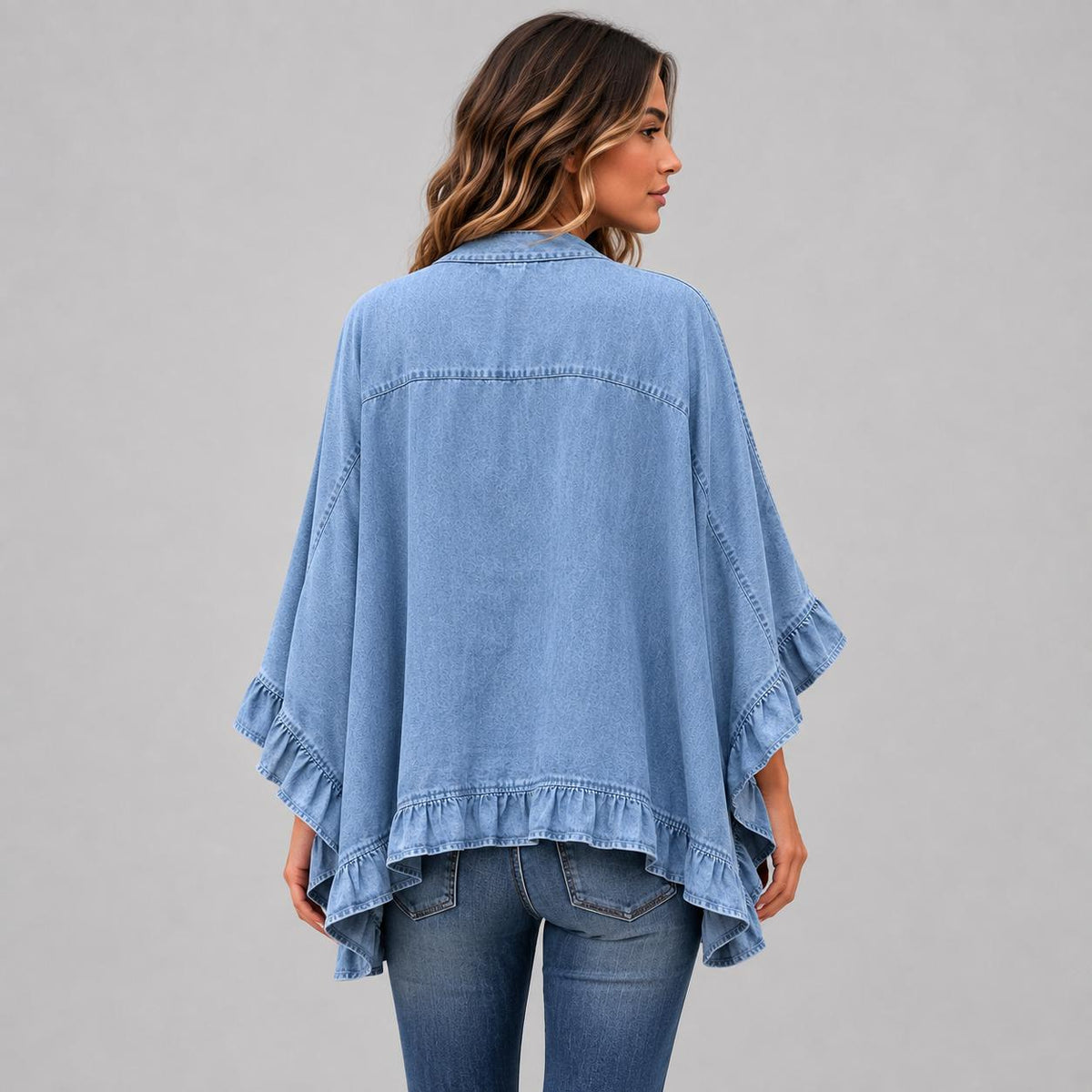 Kimono Denim à Volants – Élégance Décontractée