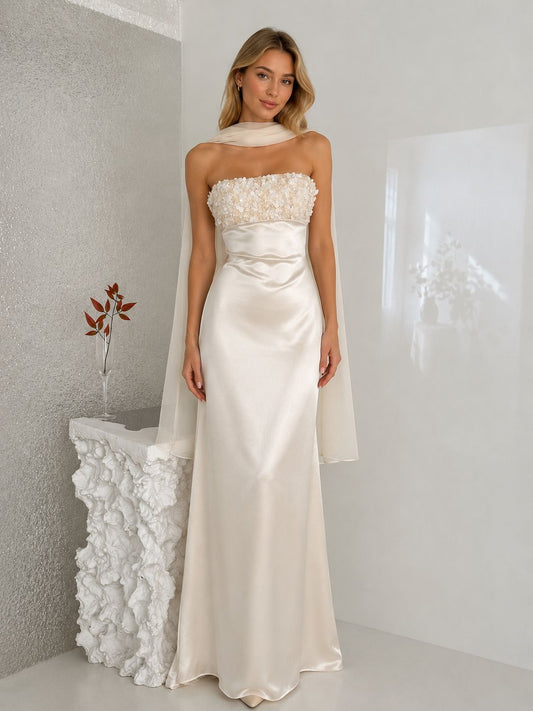 Robe Longue Satinée Élégante avec Bustier Orné